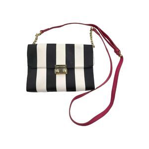 Juicy Couture Mini Crossbody Purse Black + White Stripe Pink Strap Gold Chain